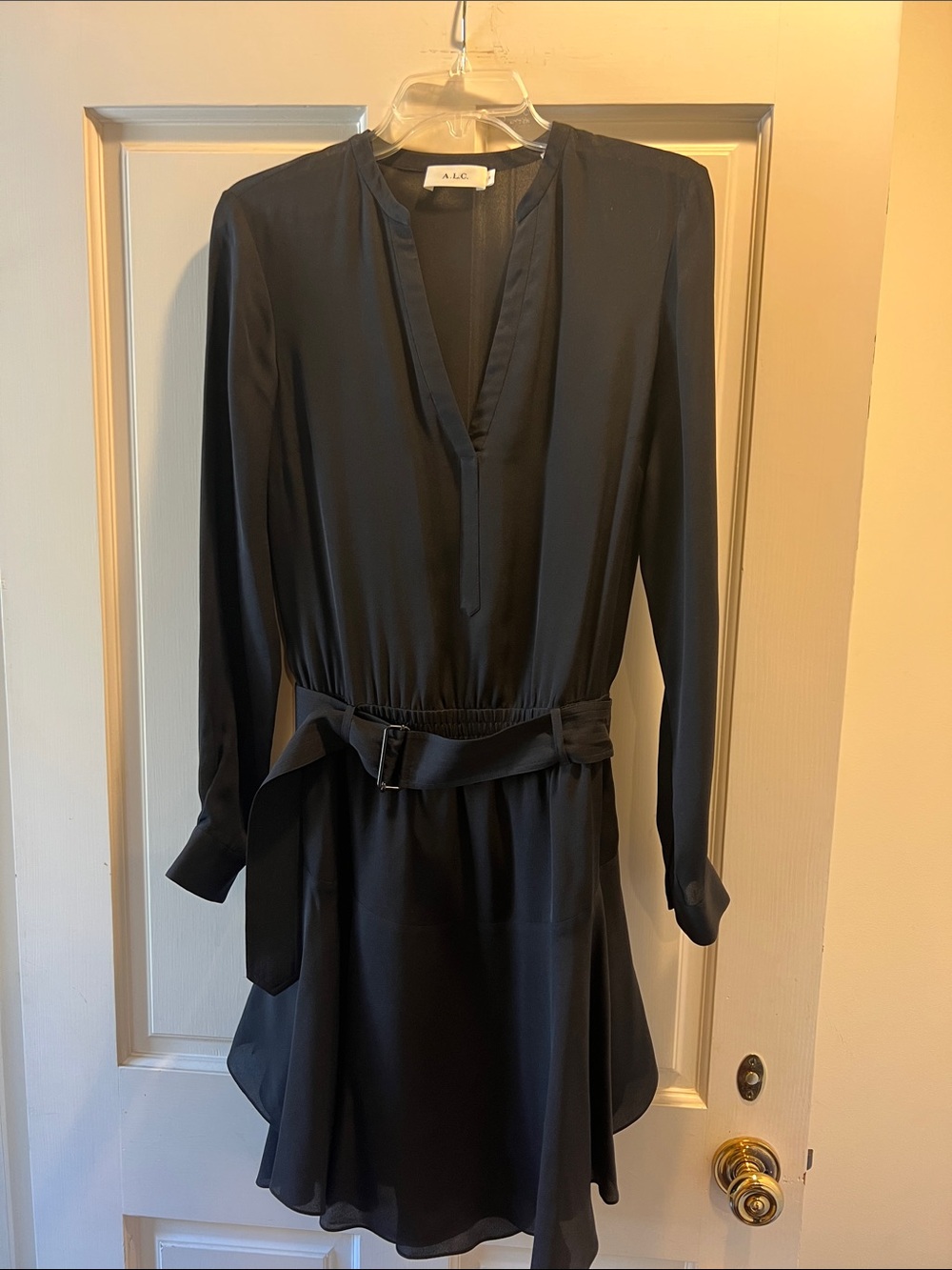 A.L.C. Black Long-Sleeve V-Neck Belted Mini Dress